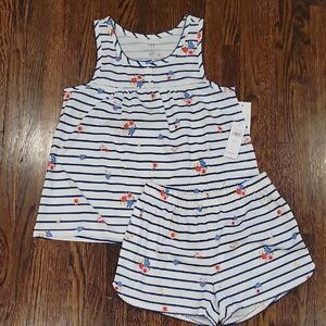 GAP Kids Blue and White Striped, Flowers and Scallop Stitch Accent Pajama Set M8